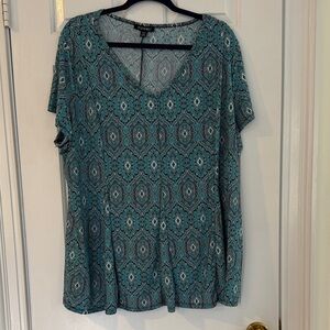 Roz & Ali Teal Patterned Short Sleeve Top